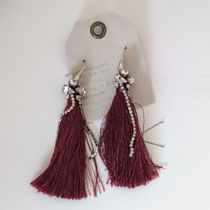 Anthropologie Burgundy Tassel Earrings with Silver Accents
